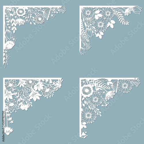 Set feathers. Laser cut template of openwork vector silhouette. For envelope with ornate floral ornament. Decorative design pattern for holiday
