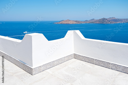 Beautiful Sea View from white terrace balcony of house or hotel