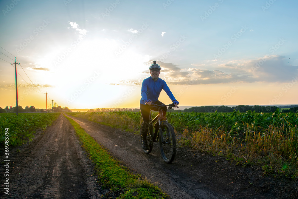 cyclist on bike rides along the fields of wheat in the sunlight. sports and hobbies. outdoor activities