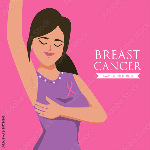 Breast cancer awareness ribbon with female check up character.