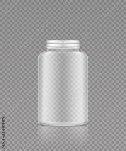 Empty transparent plastic bottle mockup for supplement or medicine pills. Package design. Blank medicine, sport nutrition, healthcare template. 3d realistic vector illustration