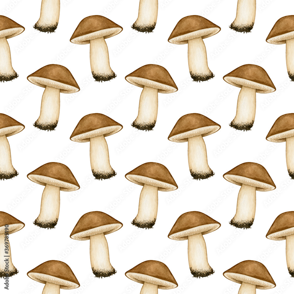 Watercolor seamless pattern with forest edible mushroom with brown cap, cooking ingredient. Background with hand drawn autumn elements for design poster, textile, card, wrapping paper, scrapbooking