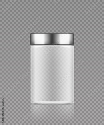 Empty transparent plastic bottle mockup with silver cap. Packaging design. Blank sport or dietary nutrition, healthcare template. 3d realistic vector illustration