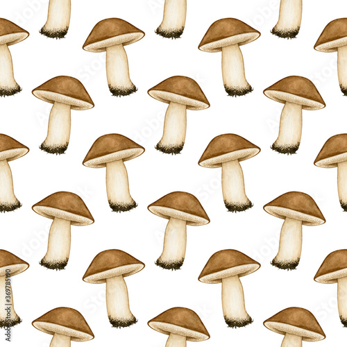 Watercolor seamless pattern with forest edible mushroom with brown cap, cooking ingredient. Background with hand drawn autumn elements for design poster, textile, card, wrapping paper, scrapbooking