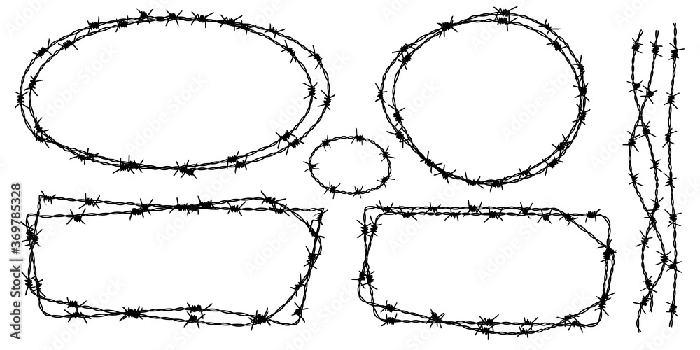 Twisted barbed wire silhouettes set in rounded and square shapes. Vector illustration of steel black wire barb fence frames. Concept of protection, danger or security - obrazy, fototapety, plakaty 