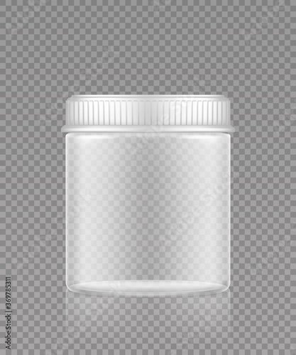 Empty transparent plastic jar mockup. Packaging design. Blank sport, householding or dietary nutrition, healthcare, cosmetic bottle template. 3d realistic vector illustration