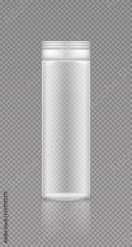 Empty transparent vitamin or supplement plastic jar mockup. Packaging design. Blank sport or dietary nutrition, healthcare bottle template. 3d realistic vector illustration