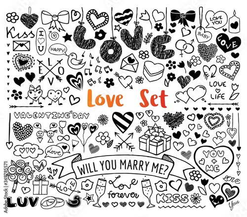 Doodle set of hearts isolated on white background