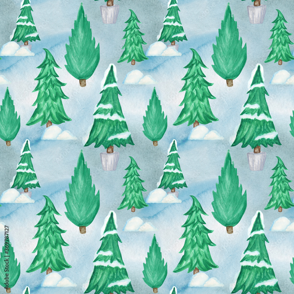 New Year Christmas tree watercolor Seamless pattern background. Hand drawn Illustration for vintage card, scrapbook paper, fabric design texture. Watercolor Winter nature illustration