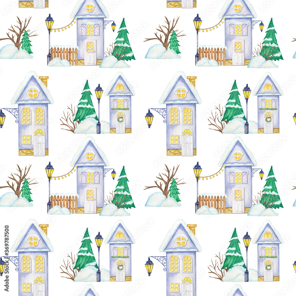 Watercolor Christmas winter houses Seamless pattern. House with wooden door, luminous windows, snow on the roof. Bright colors background for Card, scrapbook paper, fabric design texture