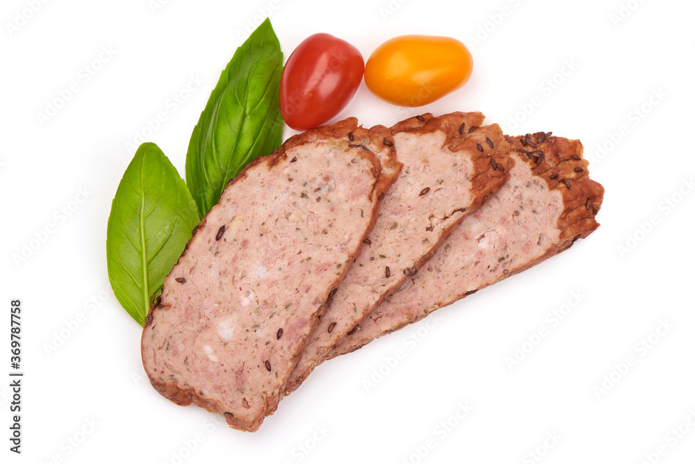 Sliced Baked meatloaf, minced meat roll, isolated on white background Sliced Baked meatloaf, minced meat roll, isolated on white background