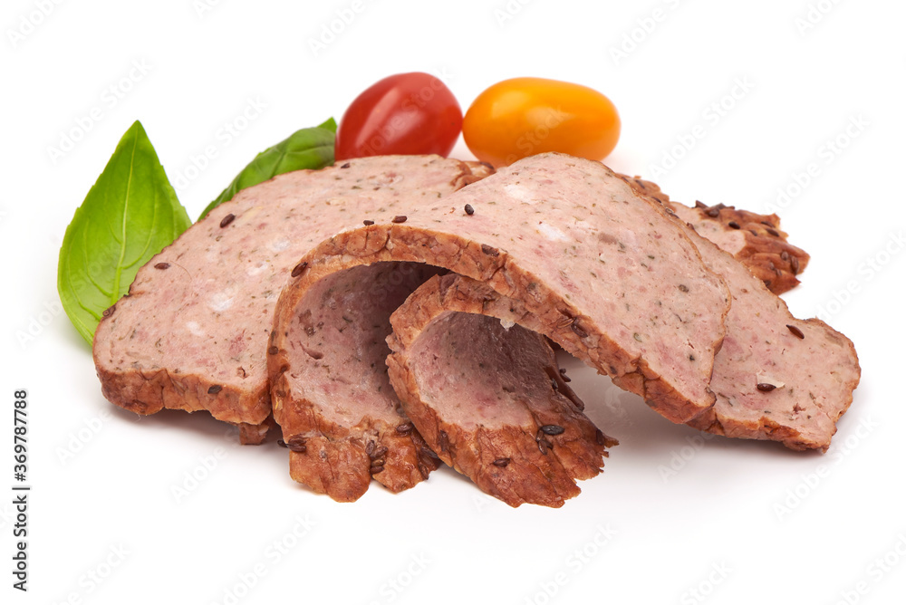 Traditional American meatloaf, isolated on white background