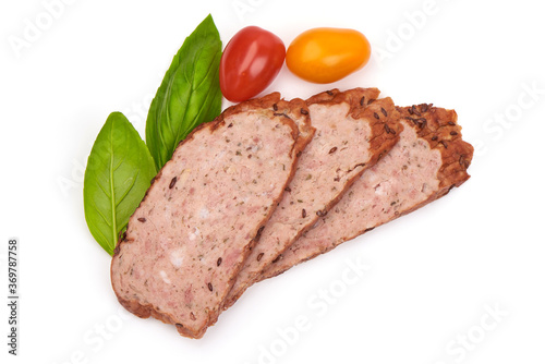 Sliced Baked meatloaf, minced meat roll, isolated on white background