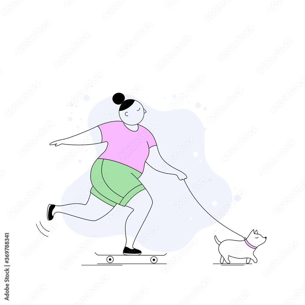 Vector illustration of a girl with a dog on a skateboard.Evening walk in the Park.