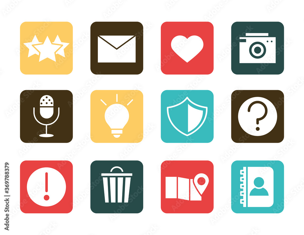 mobile application email like camera audio protection contact, web button menu digital flat style icons set mobile application email like camera audio protection contact, web button menu digital flat style icons set