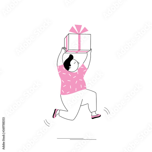 Cheerful man runs with a gift box.Vector illustration isolated on a white background.