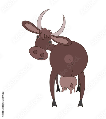The animal is a brown cow, in the flat style, she stands backwards, but turned her head forward. Drawing isolated on white background. Stock vector illustration.