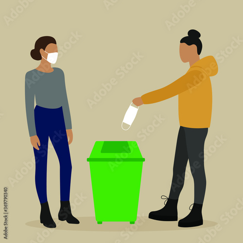 
A female character throws a medical mask into an urn, and another female character in a medical mask looks at it