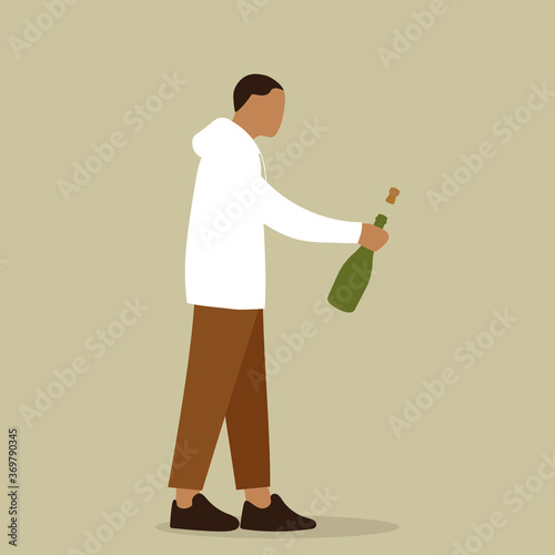 Male character holding a bottle, from which a cork flies