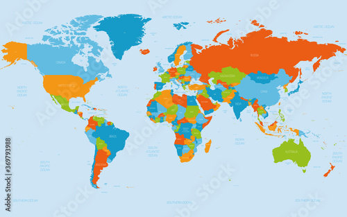 Fototapeta Naklejka Na Ścianę i Meble -  World map. High detailed political map of World with country, ocean and sea names labeling. 5 colors scheme vector map on white background