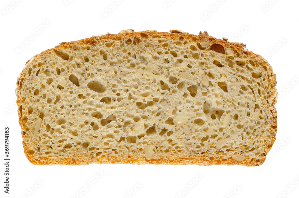 Slice of spelt bread, from above. Brown sourdough bread, a mix of spelt flour, leaven, sunflower seeds and spices, baked in oven. Staple food. Close-up, on white background, isolated macro food photo.