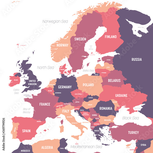 Europe map. High detailed political map of european continent with country, ocean and sea names labeling