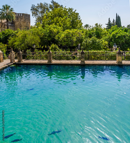 Ornamental fish ponds and wooded gardens leading to old town fortifications in Cordoba  Spain in the summertime