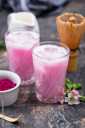 Pink matcha ice latte with milk