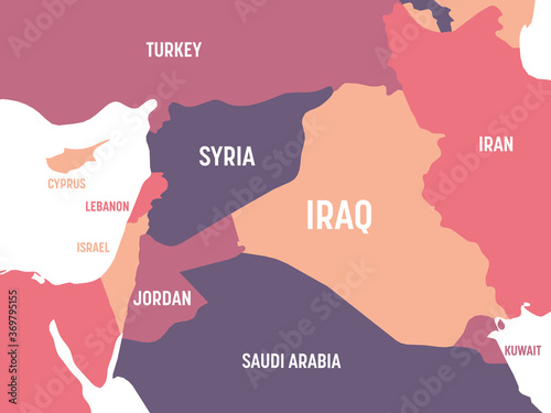 Middle East map. High detailed political map of Middle East and Arabian Peninsula region with country, ocean and sea names labeling