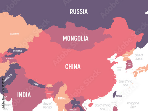China map. High detailed political map of China and neighboring countries with country, ocean and sea names labeling
