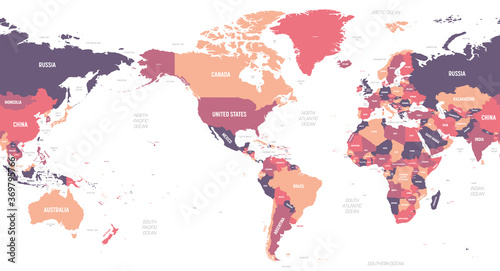 World map - America centered. High detailed political map of World with country, ocean and sea names labeling