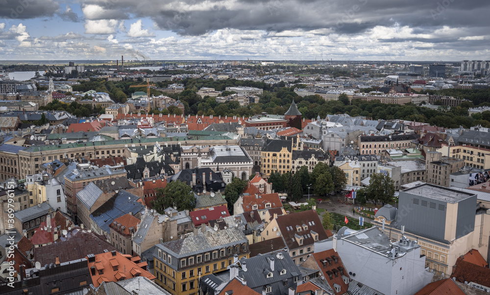Fototapeta premium Bird's eye view of the city from St. Peter's church lookout at 72 meters above ground, Riga, Latvia.