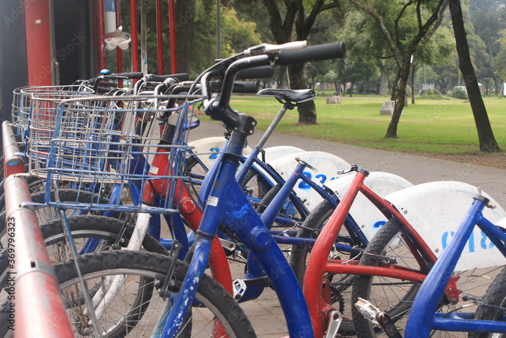 Bikes to hire with a number on the back that can be found in the main capital of Ecuador: Quito