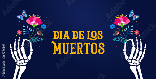 Dia de los muertos, Day of the dead, Mexican holiday, festival. Vector poster, banner and card with skeleton hands holding flowers, cocktail drink