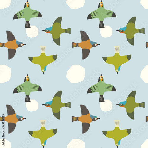 four species of parakeets in the sky whimsical folk art style seamless surface design pattern for fabric, wallpaper, gift wrap, wrapping paper, stationery. vector illustration. 