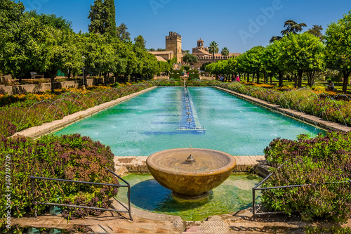 Fountains and water features in Cordoba, Spain in the summertime