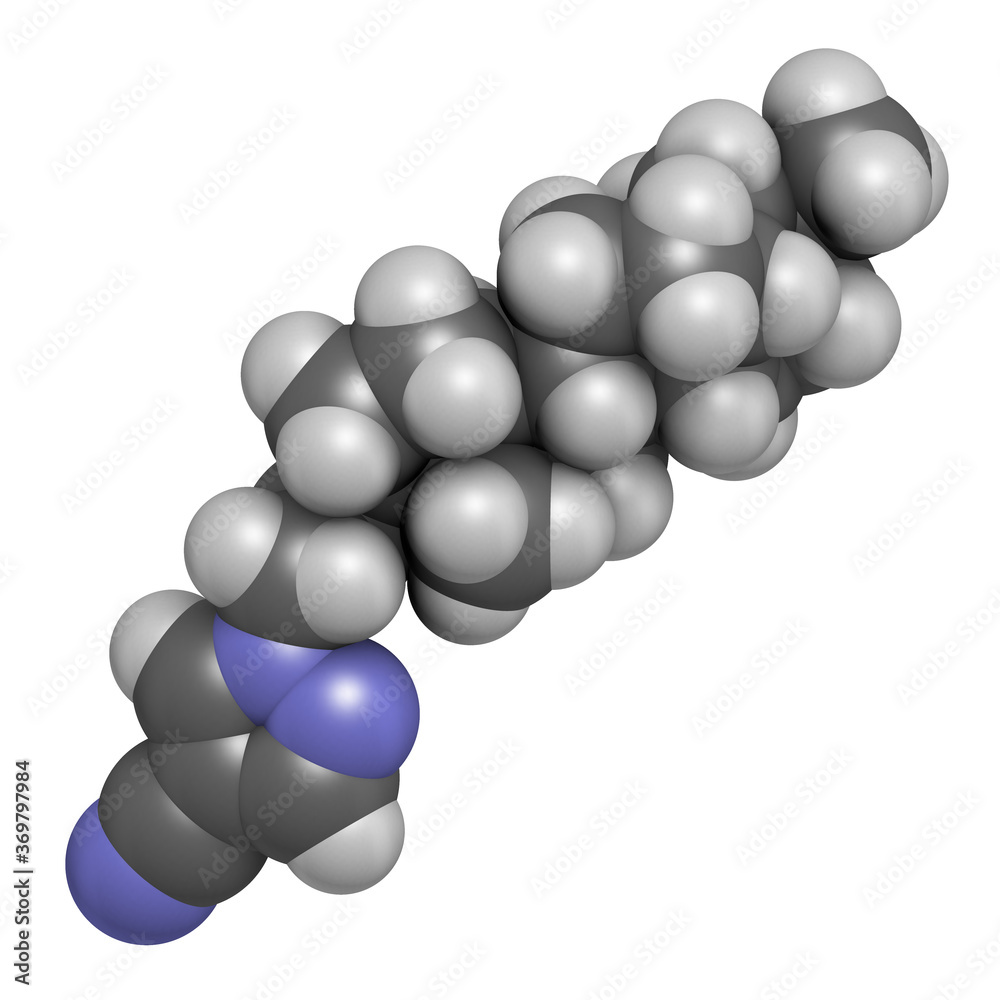 Zuranolone drug molecule. 3D rendering. Atoms are represented as spheres with conventional color coding: hydrogen (white), carbon (grey), nitrogen (blue), oxygen (red). Zuranolone drug molecule. 3D rendering. Atoms are represented as spheres with conventional color coding: hydrogen (white), carbon (grey), nitrogen (blue), oxygen (red).