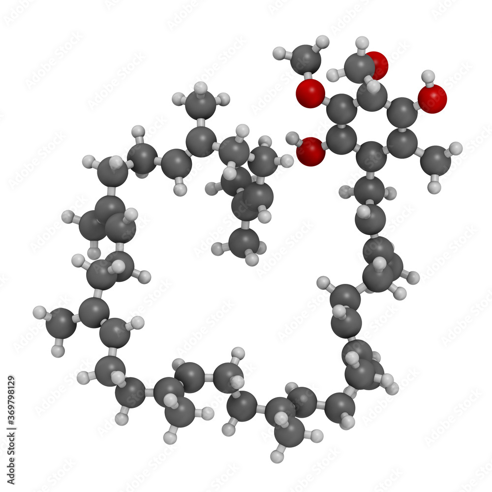 Ubiquinol molecule. Reduced form of coenzyme Q10. 3D rendering. Atoms are represented as spheres with conventional color coding: hydrogen (white), carbon (grey), oxygen (red). Ubiquinol molecule. Reduced form of coenzyme Q10. 3D rendering. Atoms are represented as spheres with conventional color coding: hydrogen (white), carbon (grey), oxygen (red).