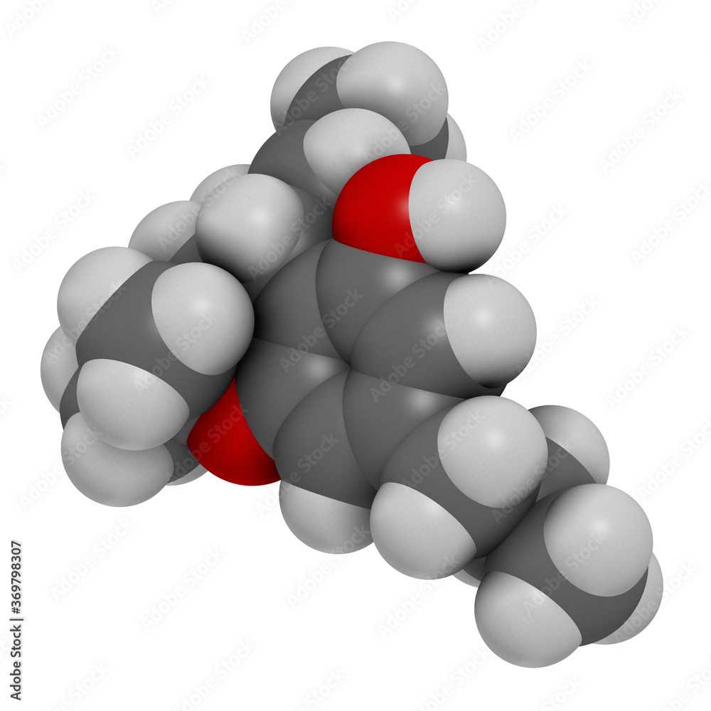 Tetrahydrocannabivarin or THCV cannabinoid molecule. 3D rendering. Atoms are represented as spheres with conventional color coding: hydrogen (white), carbon (grey), oxygen (red). Tetrahydrocannabivarin or THCV cannabinoid molecule. 3D rendering. Atoms are represented as spheres with conventional color coding: hydrogen (white), carbon (grey), oxygen (red).