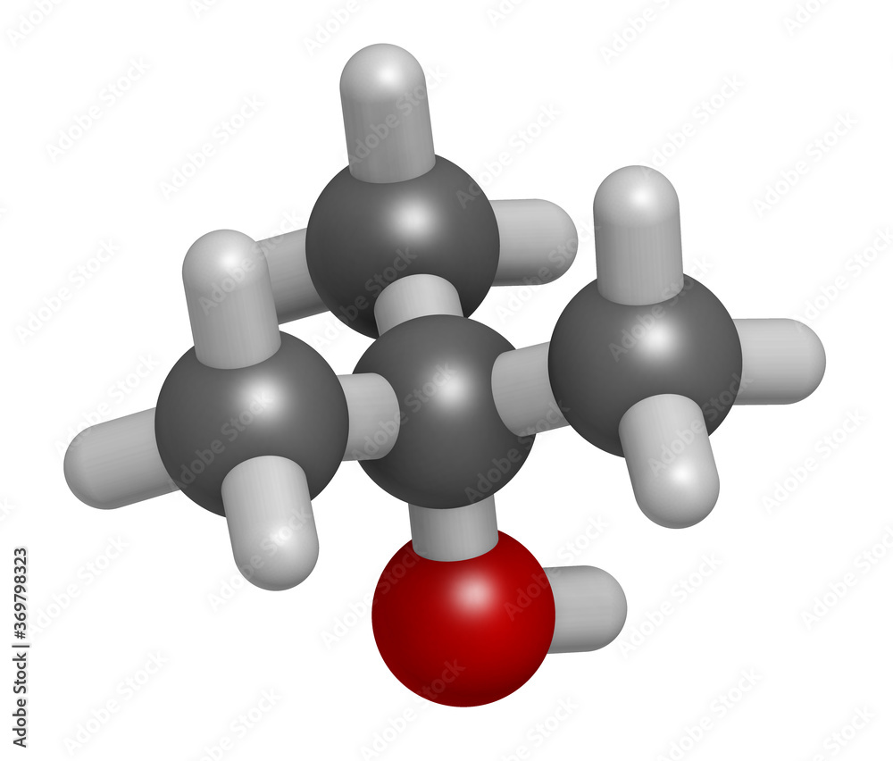 tertbutyl alcohol (tertbutanol) solvent molecule. 3D rendering. Atoms