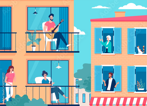 Different people spend time at their homes and have fun