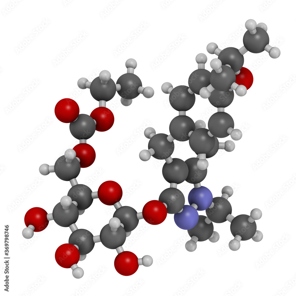 Remogliflozin etabonate drug molecule. 3D rendering. Atoms are represented as spheres with conventional color coding: hydrogen (white), carbon (grey), nitrogen (blue), oxygen (red).
