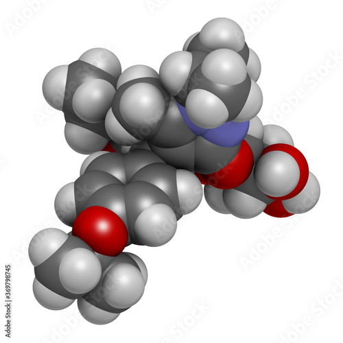 Remogliflozin etabonate drug molecule. 3D rendering. Atoms are represented as spheres with conventional color coding: hydrogen (white), carbon (grey), nitrogen (blue), oxygen (red). photo