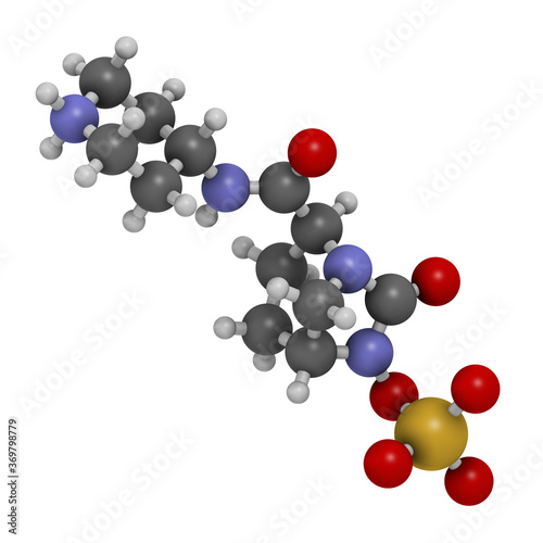 Relebactam drug molecule. Beta-lactamase inhibitor that is adminstered with beta-lactam antibiotics. 3D rendering. Atoms are represented as spheres with conventional color coding photo