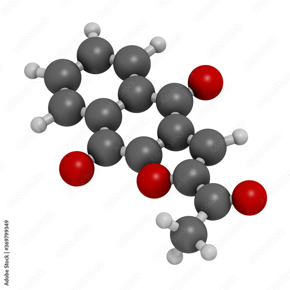 Napabucasin cancer drug molecule. 3D rendering. Atoms are represented as spheres with conventional color coding: hydrogen (white), carbon (grey), oxygen (red). Napabucasin cancer drug molecule. 3D rendering. Atoms are represented as spheres with conventional color coding: hydrogen (white), carbon (grey), oxygen (red).