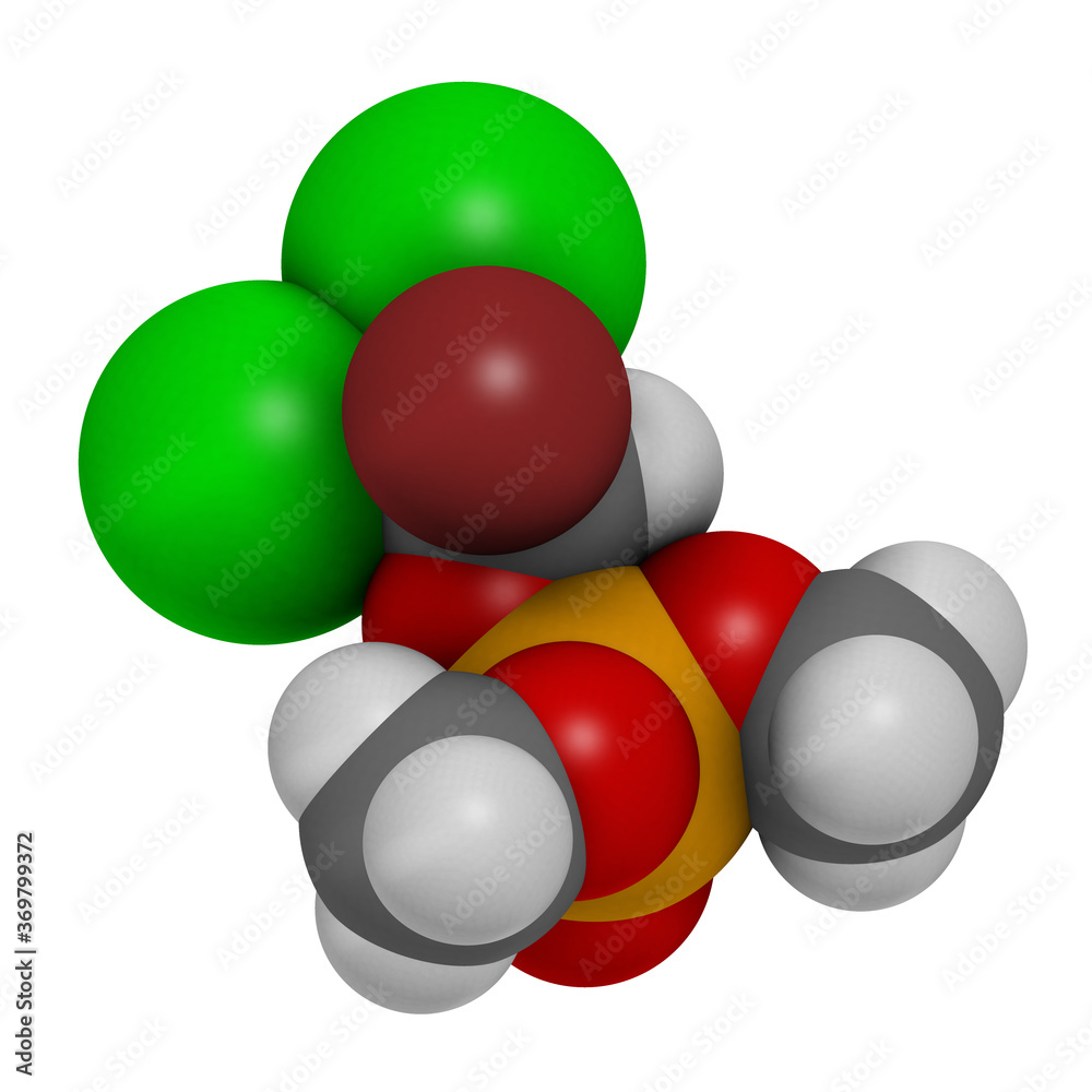 Naled insecticide molecule (organophosphate class). 3D rendering. Atoms are represented as spheres with conventional color coding.