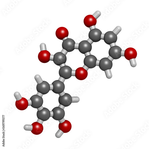 Myricetin flavonoid molecule. 3D rendering. Atoms are represented as spheres with conventional color coding: hydrogen (white), carbon (grey), oxygen (red). photo