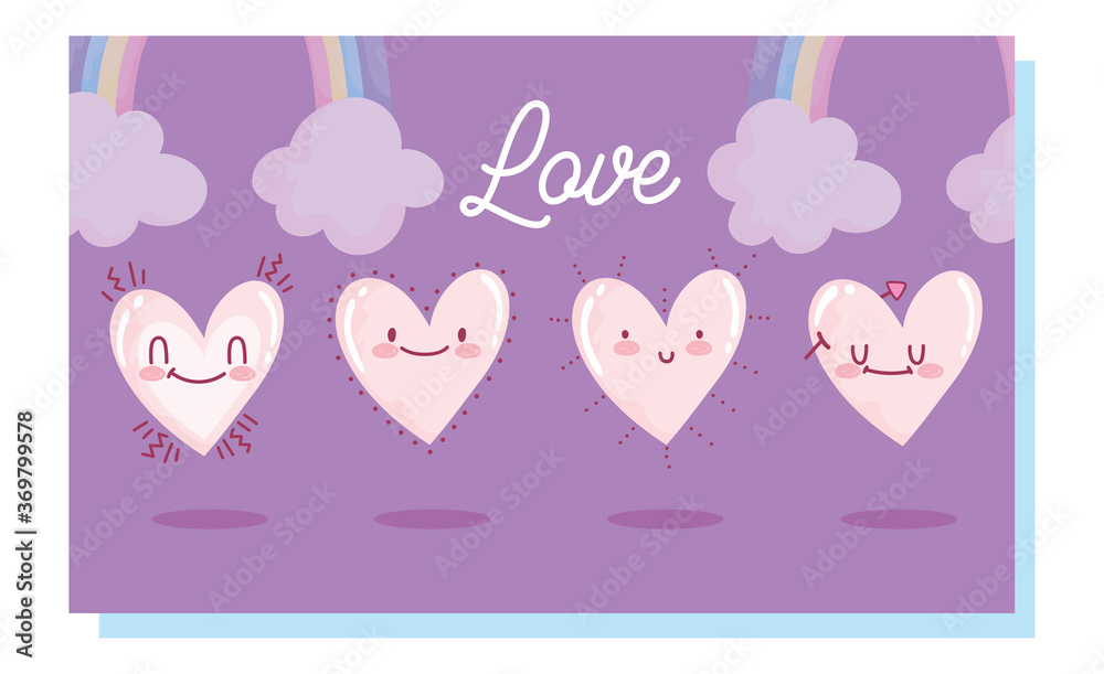 love romantic hearts rainbows cloud decoration cartoon card design
