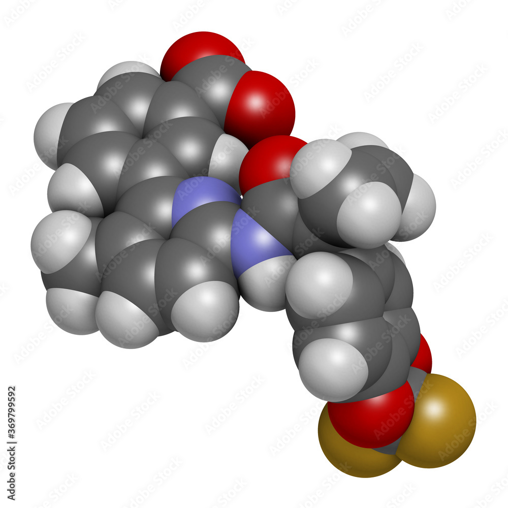 Lumacaftor cystic fibrosis drug molecule. 3D rendering. Atoms are represented as spheres with conventional color coding. Lumacaftor cystic fibrosis drug molecule. 3D rendering. Atoms are represented as spheres with conventional color coding.