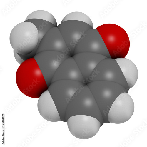 Vitamin K3 or menadione molecule. 3D rendering. Atoms are represented as spheres with conventional color coding: hydrogen (white), carbon (grey), oxygen (red). photo